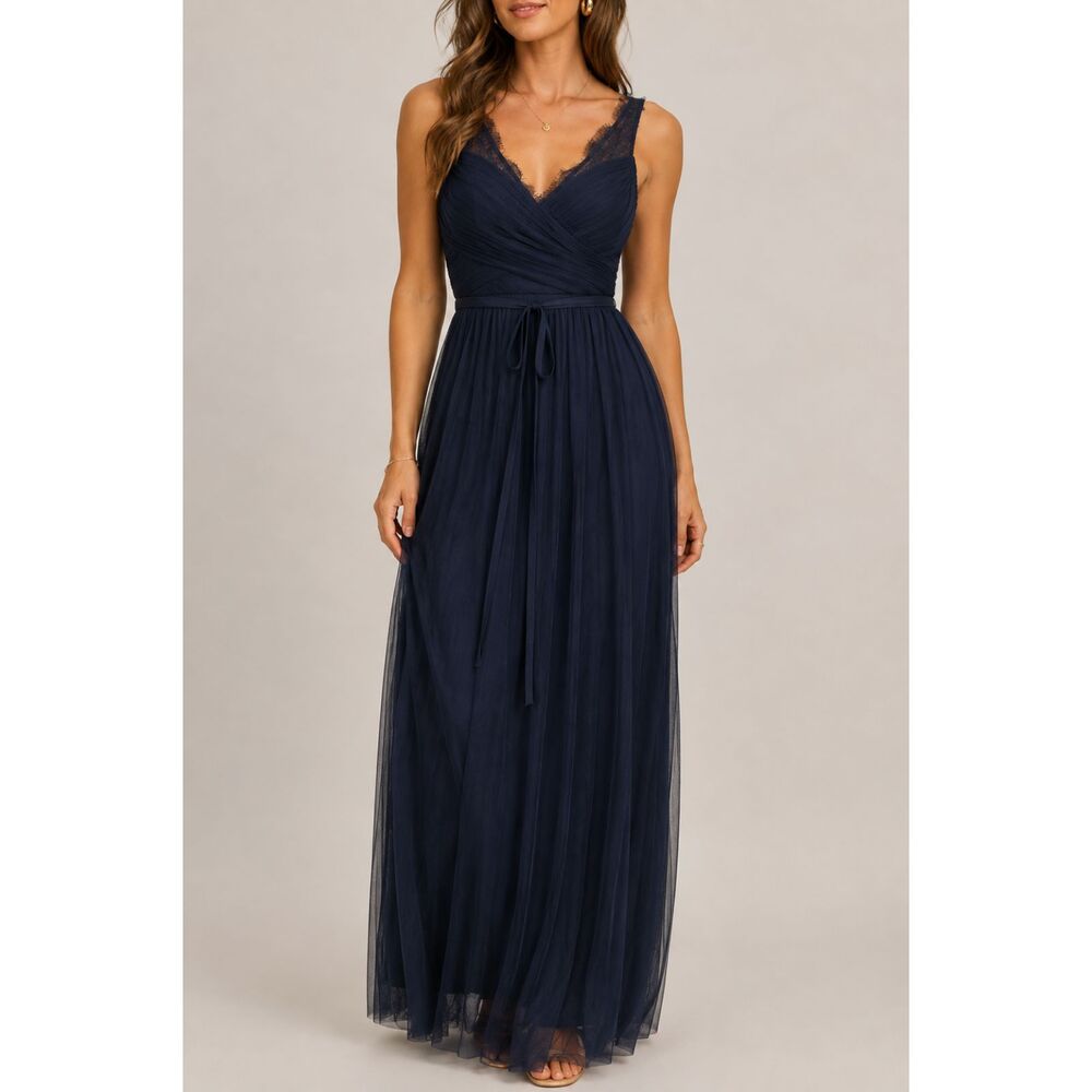 Hitherto Anthropologie Navy Blue Lace Tulle Maxi Dress Size 4 Formal Bridesmaid